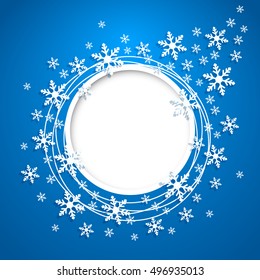 Tarjeta de felicitación azul vectorial con lugar redondo para texto y copos de nieve.