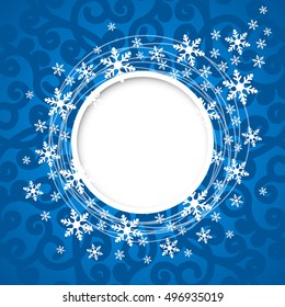 Vector christmas blue greeting card with round place for text and snowflakes.