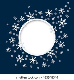 Vector christmas blue invitation card with round place for text and snowflakes.