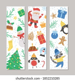 Vector Christmas bookmarks set with Santa Claus, fir tree, snowman, deer. Funny New Year design for banners, posters, invitations. Winter holiday vertical card template with cute animals
