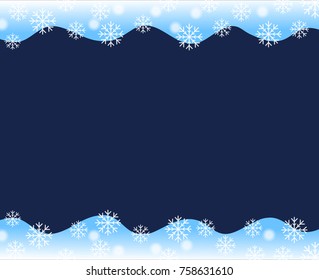 vector christmas border blue white wave border up and down covered by snow flakes nad snow ball on dark blue background