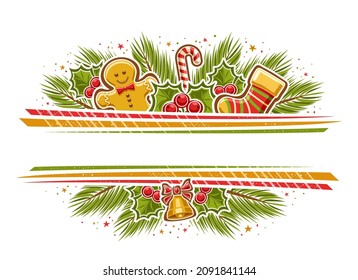 Vector Christmas border with copy space, horizontal template with illustration of christmas symbols, seasonal plants and colorful decorative stripes for christmas shopping offer on white background