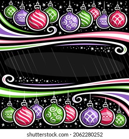Vector Christmas Border with copyspace, square placard with illustrations of decorative flourishes and colorful cartoon christmas balls hanging on string for winter holidays sales on black background.