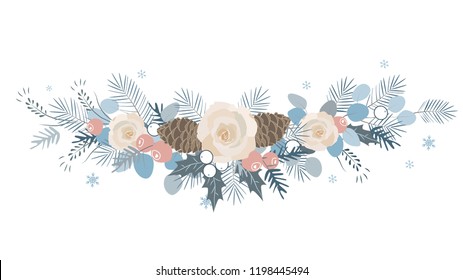Vector Christmas border with fir branches, beriies, roses, ilex and cones.