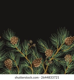Vector Christmas border  with pine branches and cones. Vector