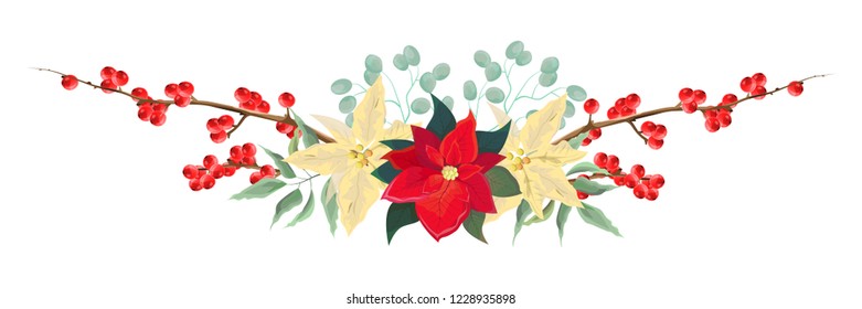 Vector Christmas border. Border of poinsettia, branches with berries, leaves. Elements for Christmas design. All elements are isolated.