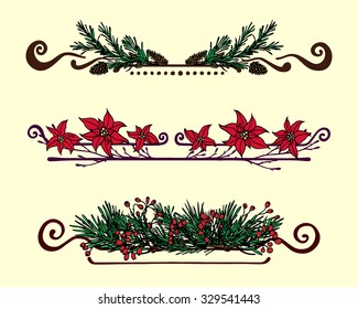 Vector Christmas border set. Hand drawn borders made of Christmas floral elements. Beautiful floral Christmas design.