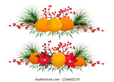 Vector Christmas border. Tangerines, poinsettia, fir branches, berries and green leaves. All elements are isolated.