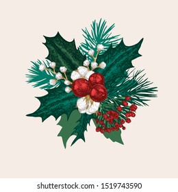 Vector Christmas bouquet with mistletoe, Christmas tree branches, cotton and so on