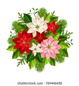 Vector Christmas bouquet with red, pink and white poinsettia flowers, fir branches, holly and mistletoe.