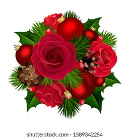 Vector Christmas bouquet with red roses, balls, holly, fir branches and cones isolated on a white background.