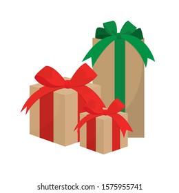 
Vector Christmas boxes of different sizes on a white background. Craft box with a red or green bow.