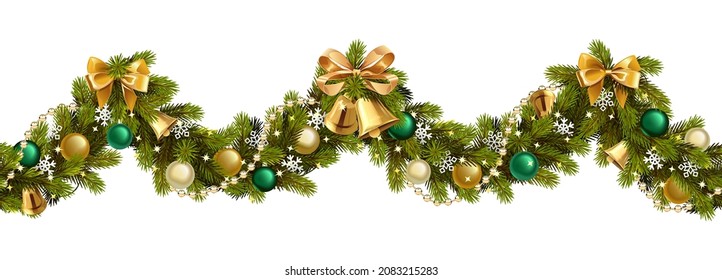 Vector Christmas Branches Border with Bells isolated on white background