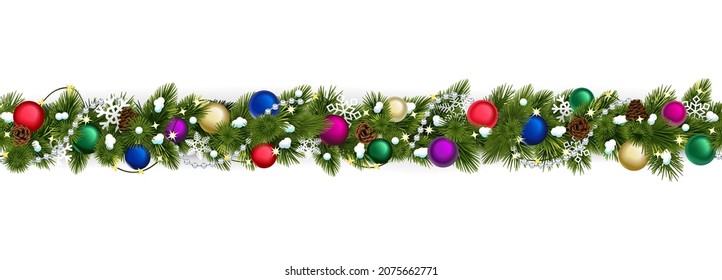 Vector Christmas Branches Border with Colourful Baubles isolated on white background