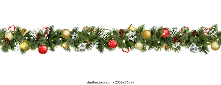 Vector Christmas Branches Border with Christmas Decorations isolated on white background