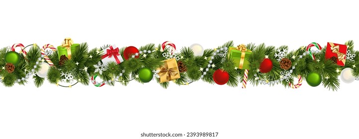 Vector Christmas Branches Border with Gifts isolated on white background