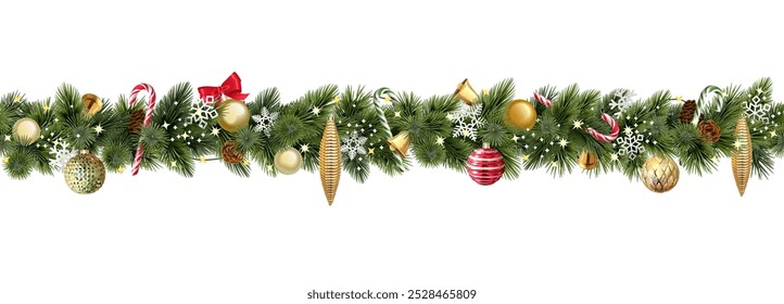 Vector Christmas Branches Border with Golden Icicles isolated on white background