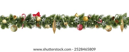 Vector Christmas Branches Border with Golden Icicles isolated on white background