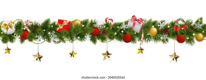Vector Christmas Branches Border isolated on white background