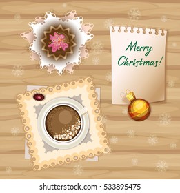 Vector Christmas breakfast. Cake and coffee on napkins and wooden table