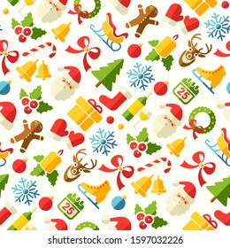 Vector Christmas bright seamless background with flat icons