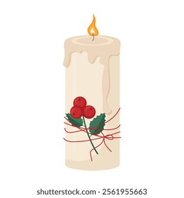 Vector Christmas burning candle with holly berries. White candle with wax leaking. Candle icon for decoration