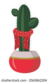 vector Christmas cactus in a flat style isolated on a white background. Winter cacti in a pot and knitted red scarf. Green Christmas tree. For postcards, posters, stickers, printing