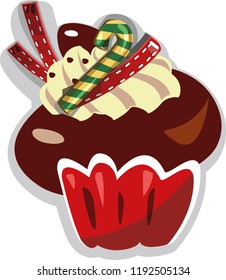 Vector Christmas cake Beautiful  cupcake with white icing and  Christmas decorations on a white background. Vector isolated decorative element for Christmas or New Year