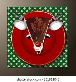 Vector of Christmas cake on red plate with spoon and fork.