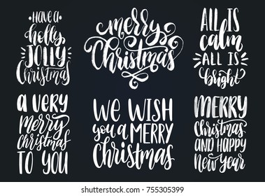 Vector Christmas calligraphic illustrations. Set of New Year hand lettering on black background. Happy Holidays greeting card concepts, poster templates.