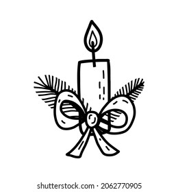 Vector Christmas candle with bow, spruce branches. Doodle style