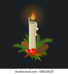 vector christmas candle with fir branch, red balls, bumps.