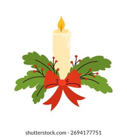 Vector Christmas candle with flame, green branches, red berries, and a bow. Festive holiday decoration element for winter greeting cards and New Year design.