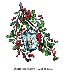 Vector Christmas candle lantern with a rowanberry
