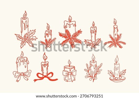 Vector Christmas Candle Line Art Set. Hand Drawn Winter Holiday Decorations.