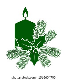 vector christmas candle with spruce twigs and holly isolated on white background