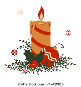 Vector Christmas candle with toy, holly greenery and snowflakes