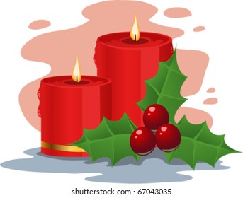 Vector Christmas candles and holly on colorful background