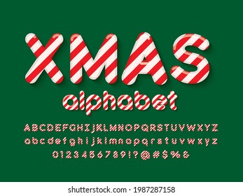 Vector of Christmas candy cane alphabet design with uppercase, lowercase, numbers and symbols