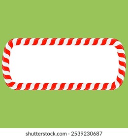 Vector Christmas candy cane frame with red and white stripes on green background. Xmas border.