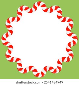 Vector Christmas candy cane frame with red and white stripes on green background. Xmas border.