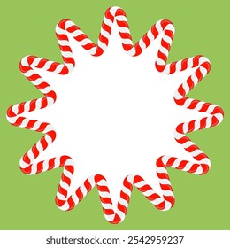 Vector Christmas candy cane frame with red and white stripes on green background. Xmas border.