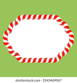 Vector Christmas candy cane frame with red and white stripes on green background. Xmas border.