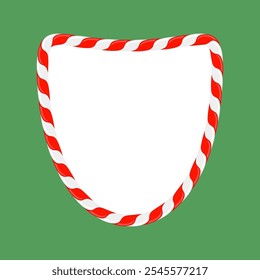 Vector Christmas candy cane frame with red and white stripes on green background. Xmas border.