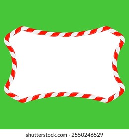 Vector Christmas candy cane frame with red and white stripes on green background. Xmas border.