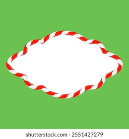 Vector Christmas candy cane frame with red and white stripes on green background. Xmas border.