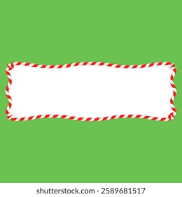 Vector Christmas candy cane frame with red and white stripes on green background. Xmas border.