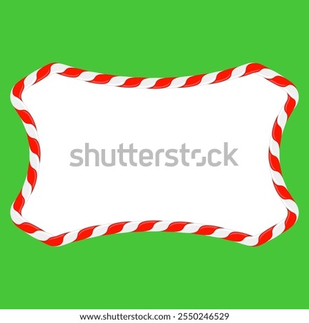 Vector Christmas candy cane frame with red and white stripes on green background. Xmas border.