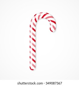 Vector Christmas candy cane on white background. Red striped peppermint stick.