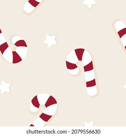 Vector Christmas Candy Cane and Stars Confetti on Beige seamless pattern background. Perfect for fabric, scrapbooking and wallpaper projects.